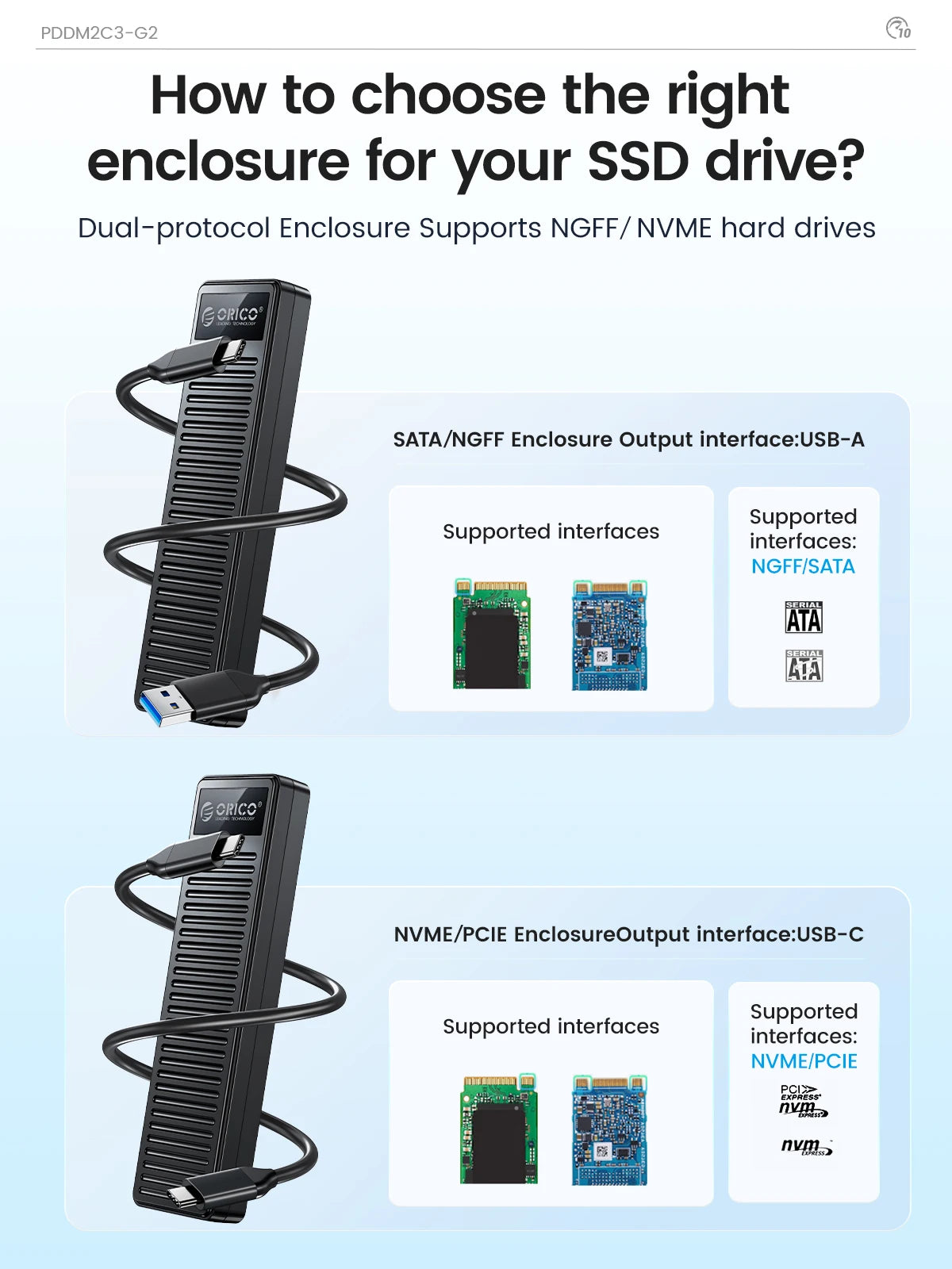 ORICO M.2 NVMe SSD boîtier 10Gbps USB 3.2 Gen2 boîtier conception Simple sans outil prise en charge UASP pour les joueurs NVMe SATA SSD