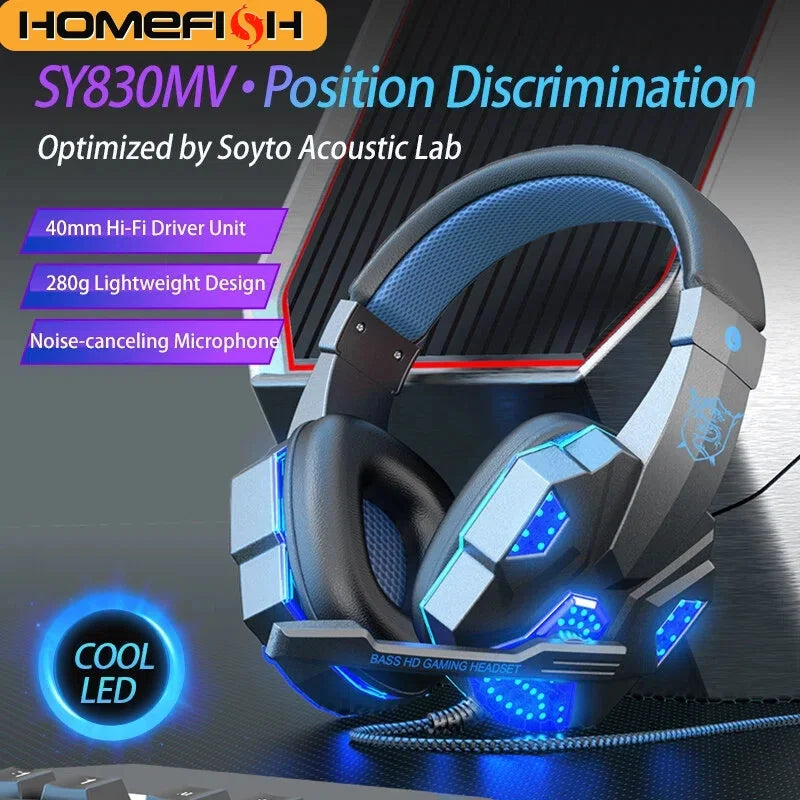 Auriculares de diadema RGB para juegos HOMEFISH SY830MV con micrófono, auriculares con cable supraaurales ligeros para PC, PS5, Xbox, Switch