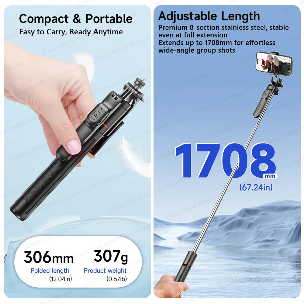 TOKQI — Bâton Selfie Extensible 360° Télécommande Bluetooth & Lumière Optionnelle