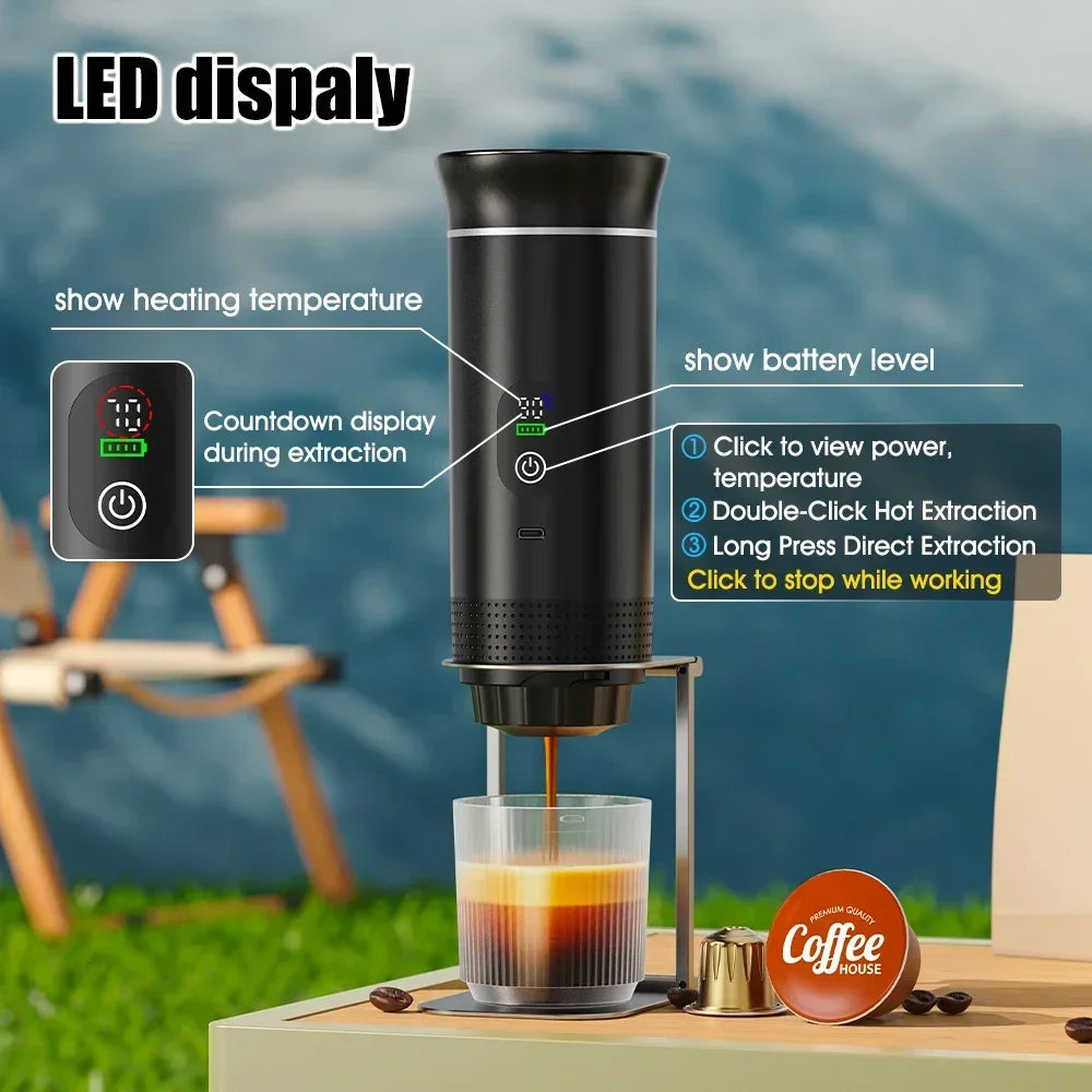 DENOKIN Cordless Portable Espresso Maker for Car and Camping, 80ml Water Tank, Digital Display, 3-in-1 Travel Coffee Maker for Capsules and Powders