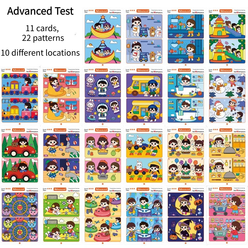 Trouver des différences Jeu de cartes Puzzle éducatif de dessin animé réutilisable pour enfants Trouvez des niveaux de difficulté pour la formation à l'attention de concentration