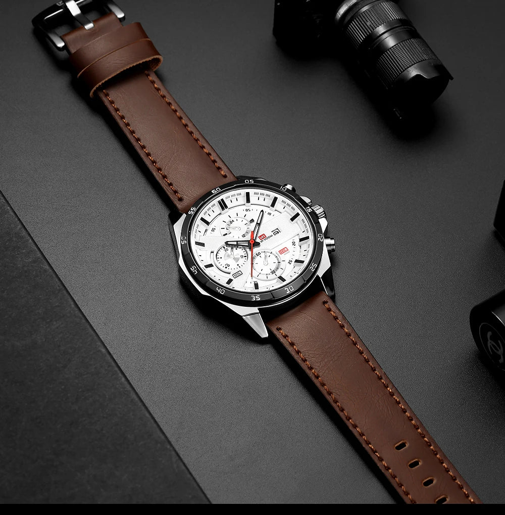 Montre à quartz en cuir pour homme, style sport, grand, décontracté, mode, original, noir, rose, or, calendrier, 46mm
