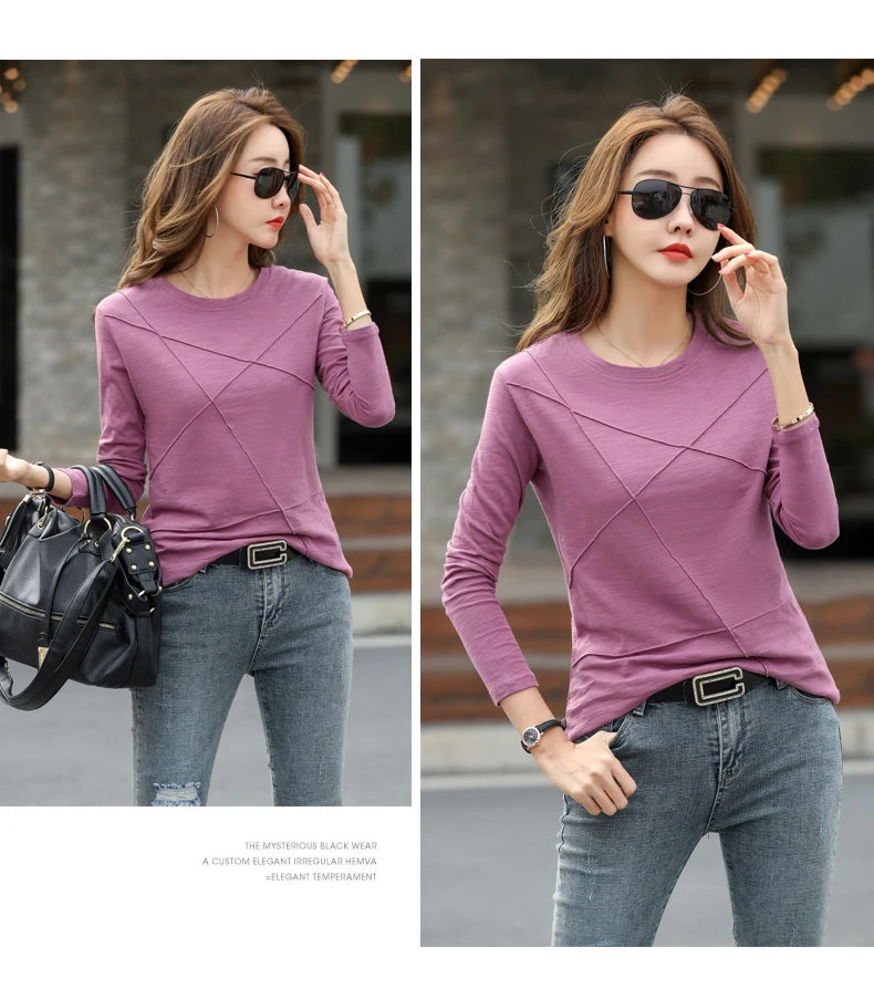 2026 printemps à manches longues femmes col rond bambou coton T-Shirt élégant ample côtelé mode T-Shirt dames Simple hauts
