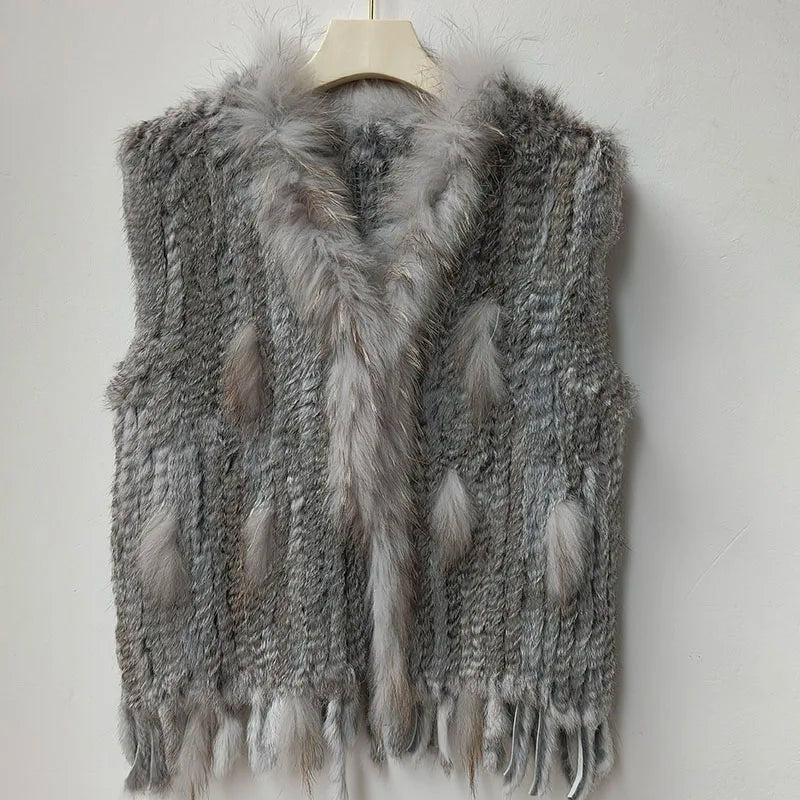 Chaleco de punto de piel de conejo natural auténtica con pompón, chaleco cálido sin mangas para mujer, con ribete de piel de mapache auténtica