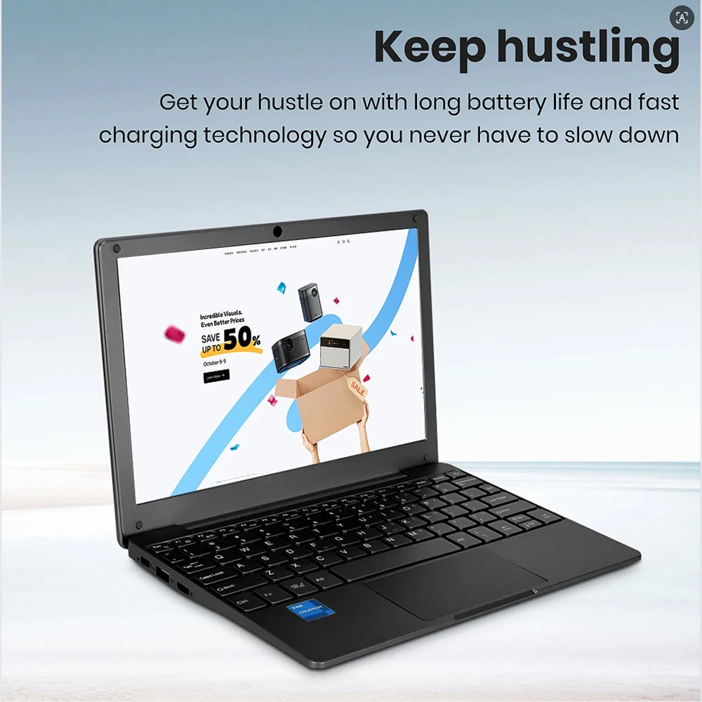 10.1 Inch Laptop Windows 11 OS Pre-Installed Quad Core 8GB + 128GB Netbook HDMI Webcam Office (Black)