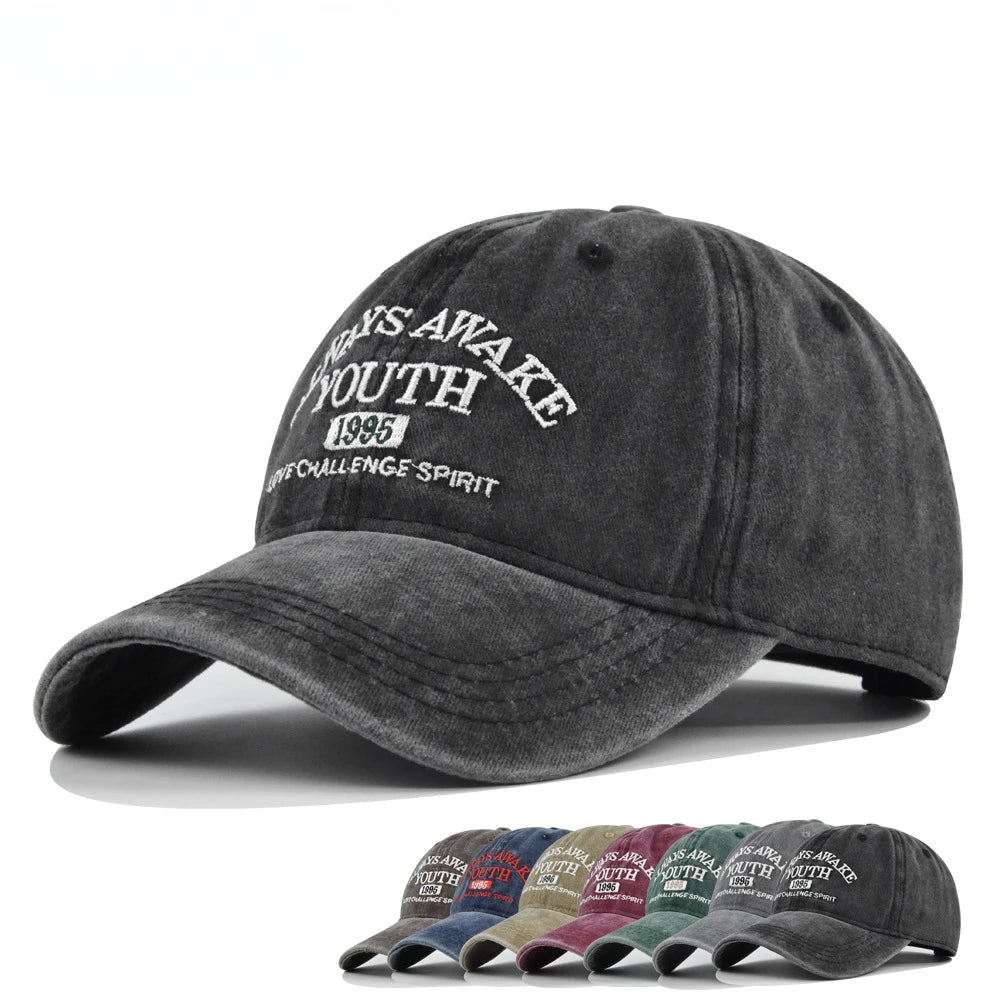 Casquette de baseball lettre brodée — hommes, femmes, mode, vintage, solide, sports plein air, snapback (v2)