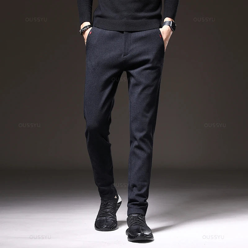 Pantalones casuales de hombre, corte ajustado, cintura elástica, elásticos, de algodón grueso, gris y negro, estilo negocios, nueva colección primavera