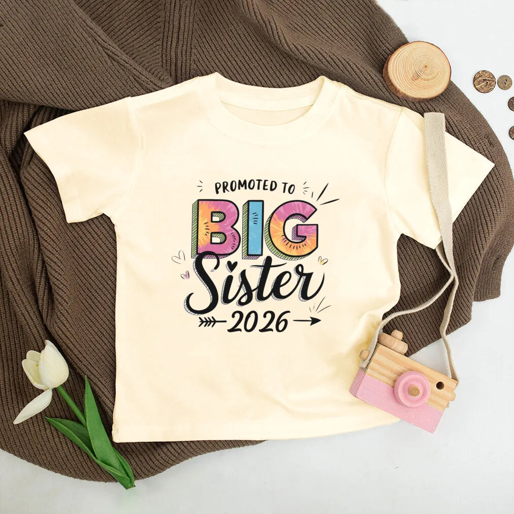 T-shirt enfant grande sœur 2026 — annonce de grossesse, rétro, manches courtes, tenue d'été