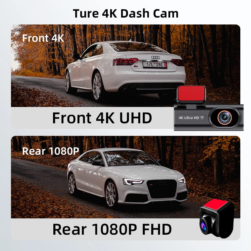 Dashcam Ultra HD 4K — enregistrement en boucle, surveillance stationnement 24H, vision nocturne, caméra arrière, WiFi