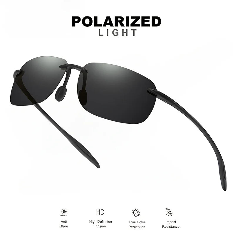 Lunettes de soleil polarisées sans cadre TR90 ultra légères 11 g – Coupe flexible et confortable, forme carrée pour la conduite, la pêche et l'extérieur