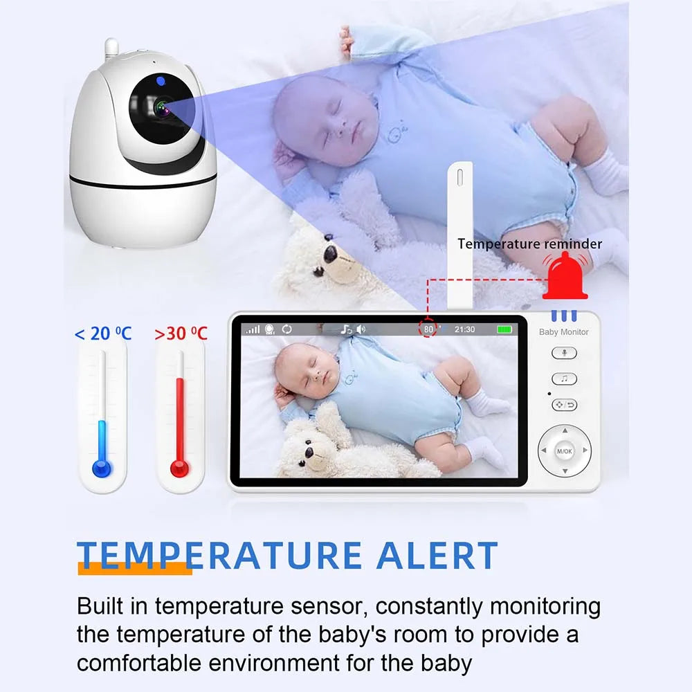 Moniteur vidéo pour bébé de 5 pouces, avec caméra, Zoom PTZ, Protection de sécurité, caméras de Surveillance, capteur de température, berceuse