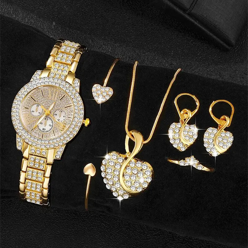 Women's Luxury Gold Quartz Watch, Jewelry Set, Ring, Necklace, Earrings, Rhinestones, Casual Fashion