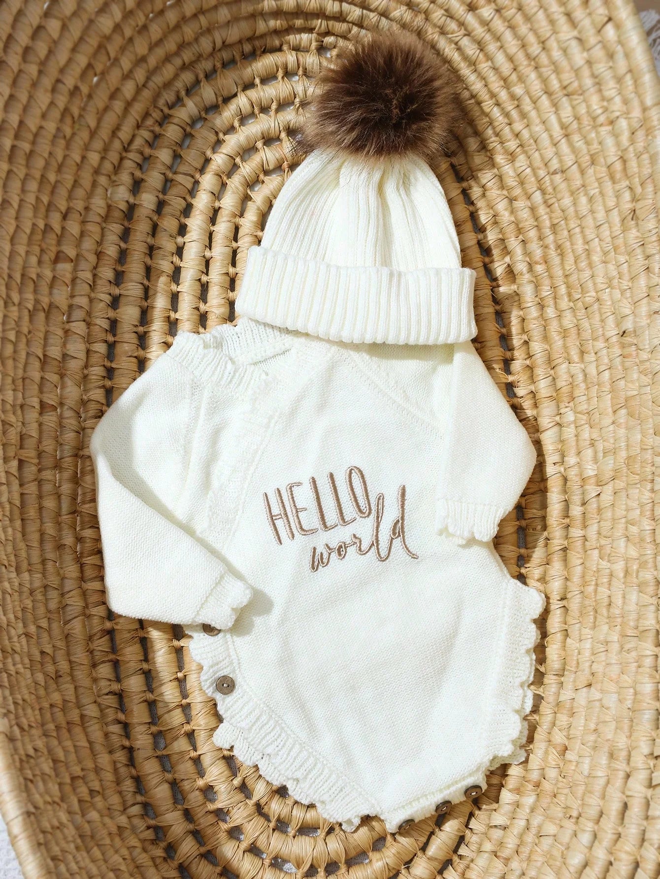 Ylsteed Hello World mameluco de punto para recién nacido con gorro de pompón a juego, ropa de bebé para sesión de fotos, niño o niña, fotografía HD