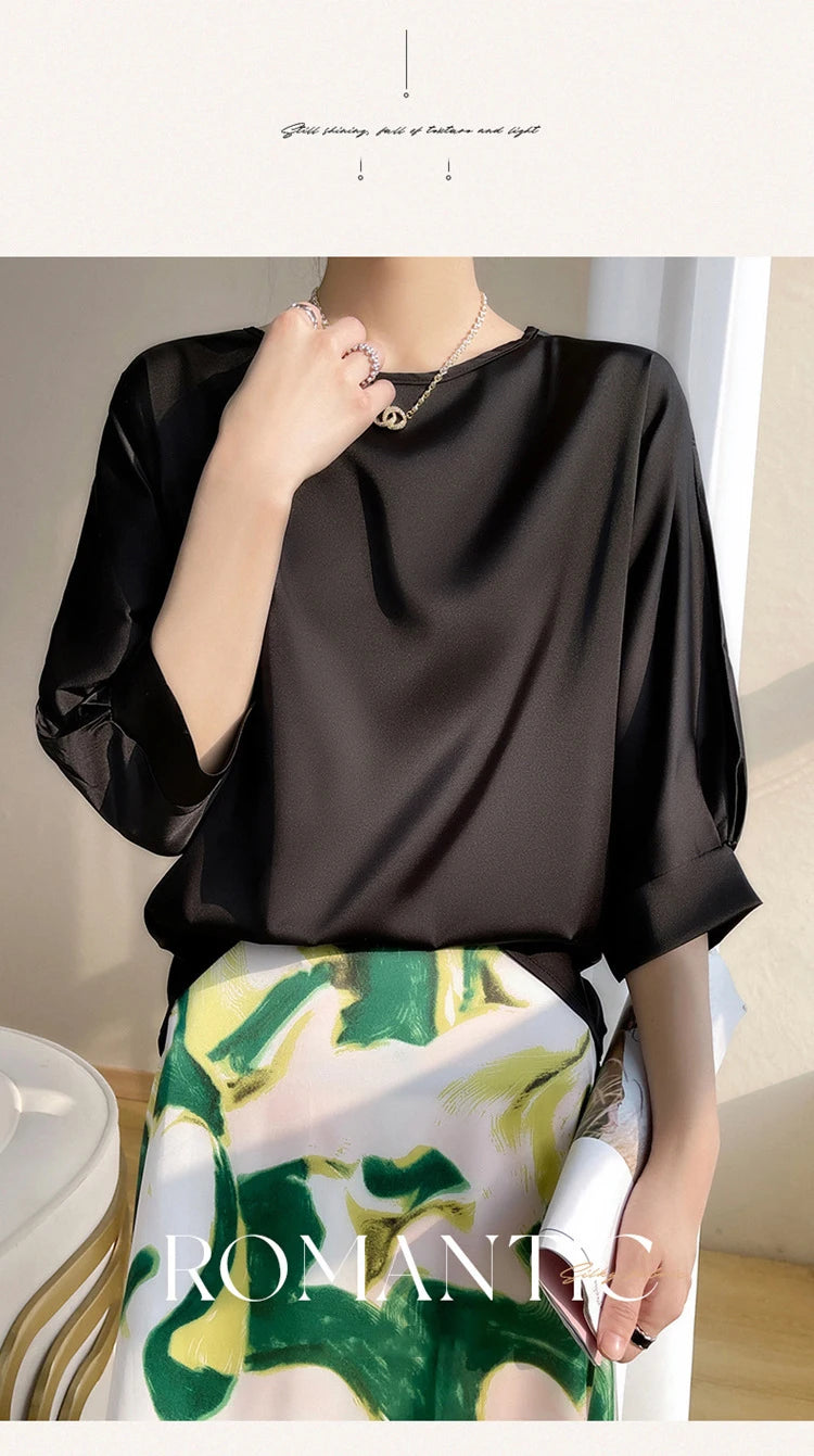 Nouveauté 2026 – T-shirt basique en satin de soie à manches courtes pour femme, col rond, coupe décontractée et légère, chemisier ample pour femme