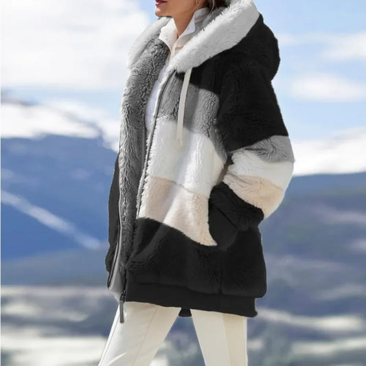 Mode d'hiver femmes manteau 2025 à capuche fermeture éclair dames veste épissé épais cachemire femmes veste couture Plaid dames manteaux