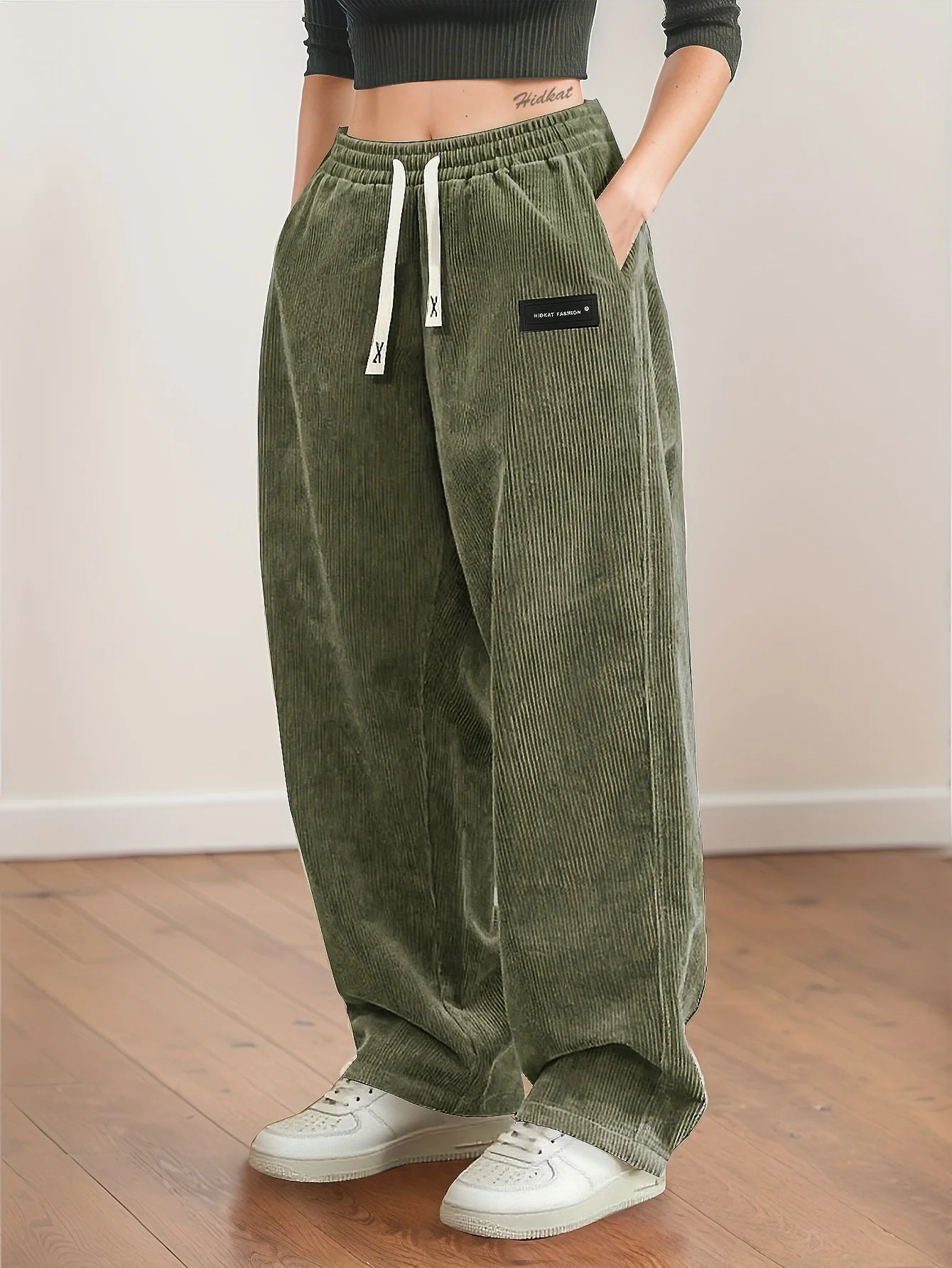 Women's Corduroy Pants, Straight Leg Drawstring Waist Trousers with White Piping, Casual All Seasons to Semi-Formal