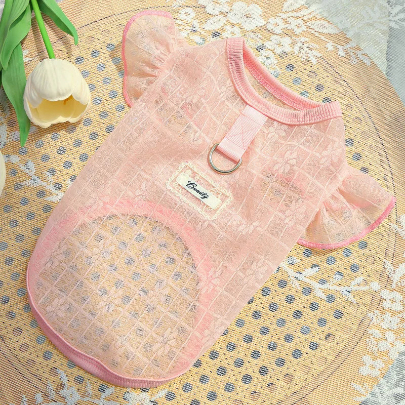 Gilet rafraîchissant fin pour chien, manches volantes en forme de cœur, vêtements d'été pour chien avec anneau en D, Chihuahua Bichon, chemise pour fille, chat, t-shirt en maille pour chien