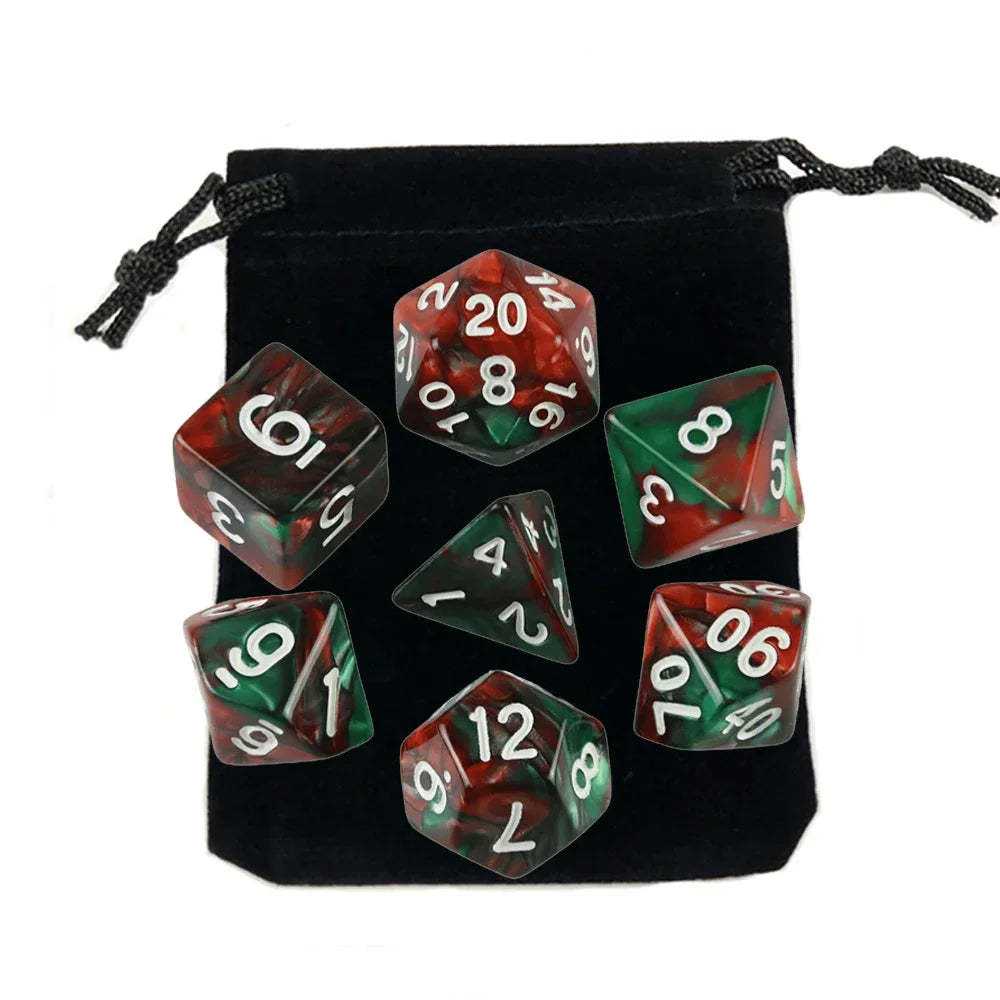 Dés polyédriques avec sac — jeu de société, jeu de rôle, d4, d6, d8, d10, d12, d20, 7 pièces