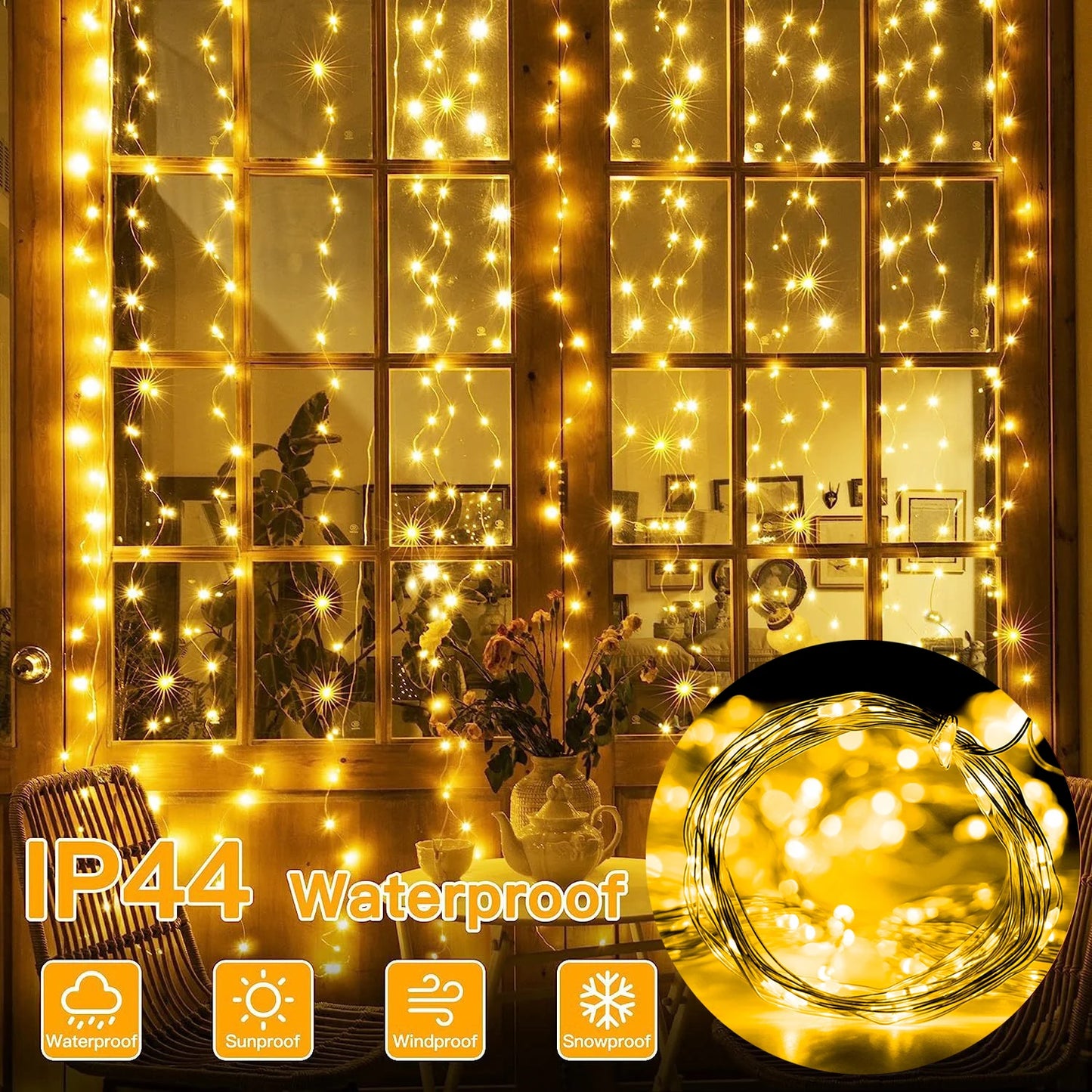 LED Curtain Lights with USB Remote, 8 Modes, Christmas Decoration for Home, Holiday, New Year