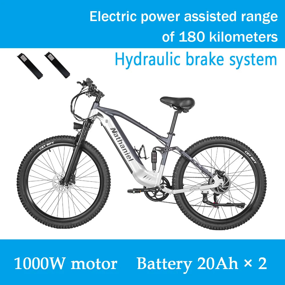 Nathaniel E-Bike, 1000W Brushless Motor, 27.5 Inch Adult Electric Mountain Bike, 45Ah Large Capacity Batteries, 7 Speed, 45KM/H, Outdoor Travel Bike