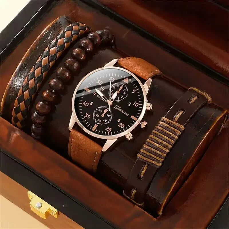 New Men Luxury Watch Bracelet Set Business Fashion Brown Leather Quartz Watches for Men Gift Relogio Masculino