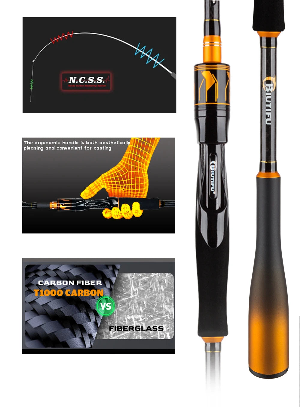 BIUTIFU 2 pointes Fuji Guide filature coulée canne à pêche 1.8-2.7m 2 Sections T1000 carbone Baitcasting pôle pour bar brochet 7-80g leurre