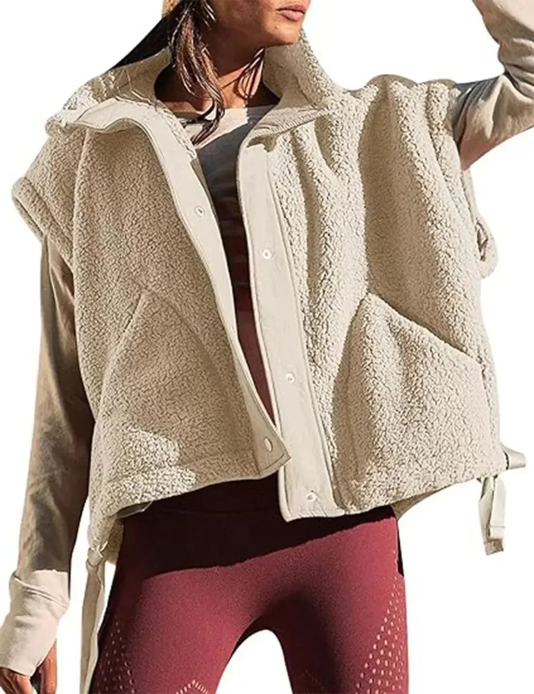 Gilet polaire pelucheux pour femme, surdimensionné, sans manches, Sherpa, chaud, boutonné, vêtements d'extérieur avec poches