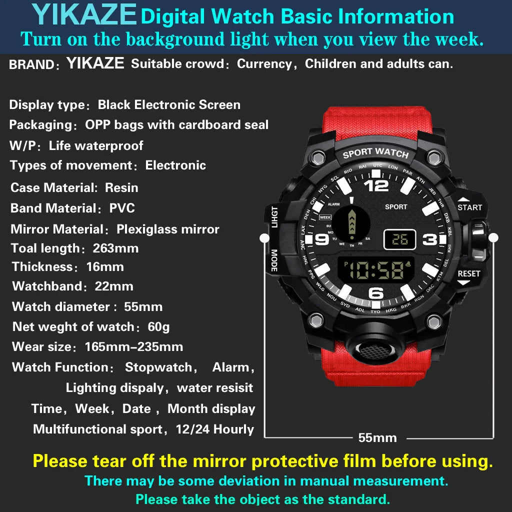Montre pour hommes de mode sport montre-bracelet électronique grand cadran multifonctionnel étanche alarme lumineuse enfants montre militaire pour hommes