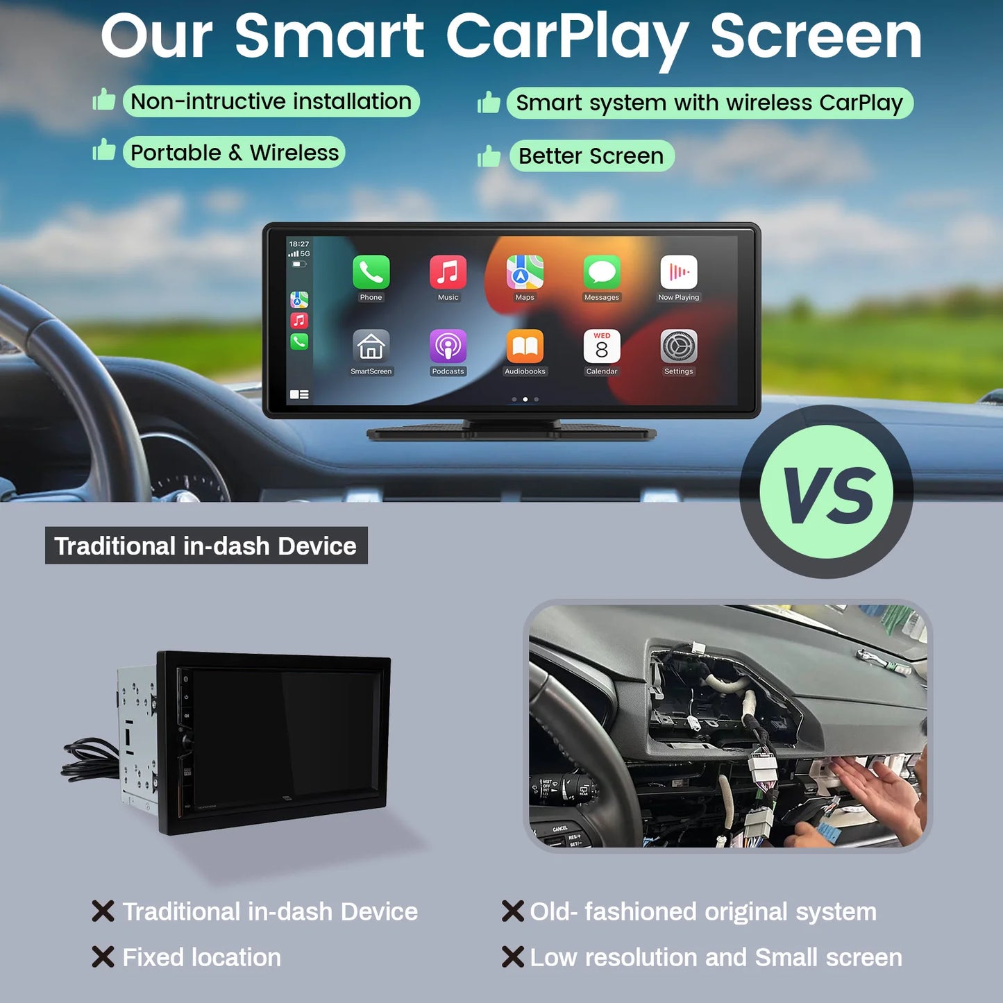 Pantalla Carplay para coche, Carplay inalámbrico portátil de 10" y Android Auto, receptores de audio estéreo para coche con enlace espejo y navegación GPS