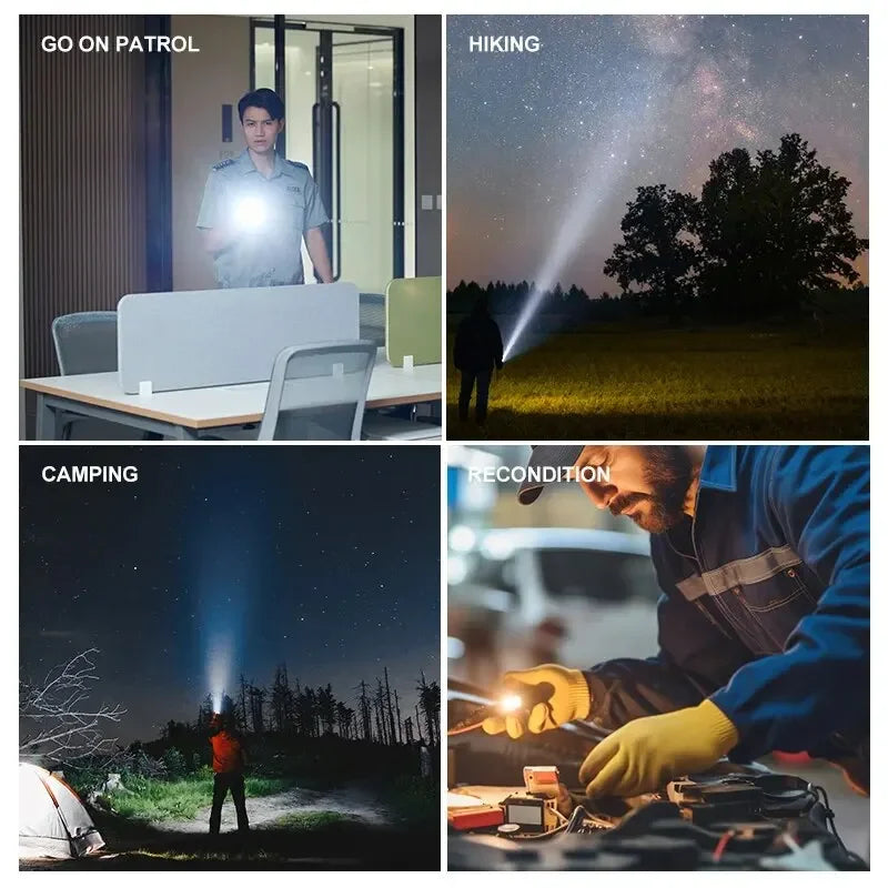 Linterna LED potente, recargable por USB, batería de litio integrada, resistente al agua, con zoom, para pesca, caza, camping, linterna táctica