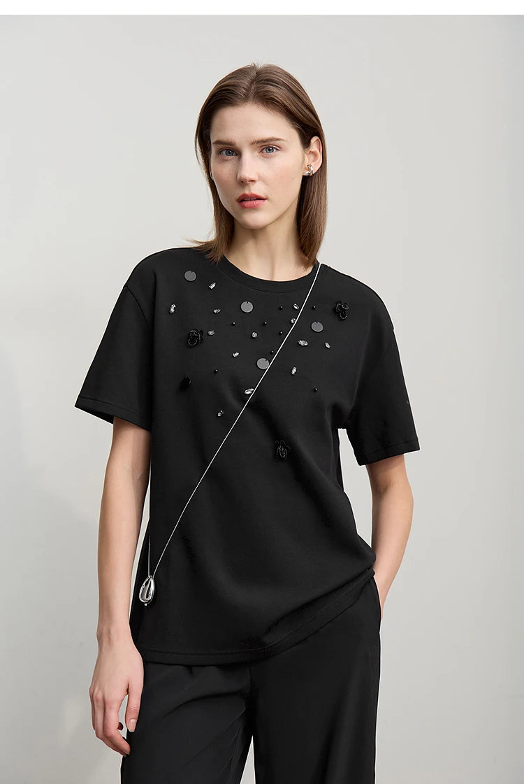 T-shirt femme 2026 — col rond, perle tridimensionnelle, fleur, diamant, tricot, ample