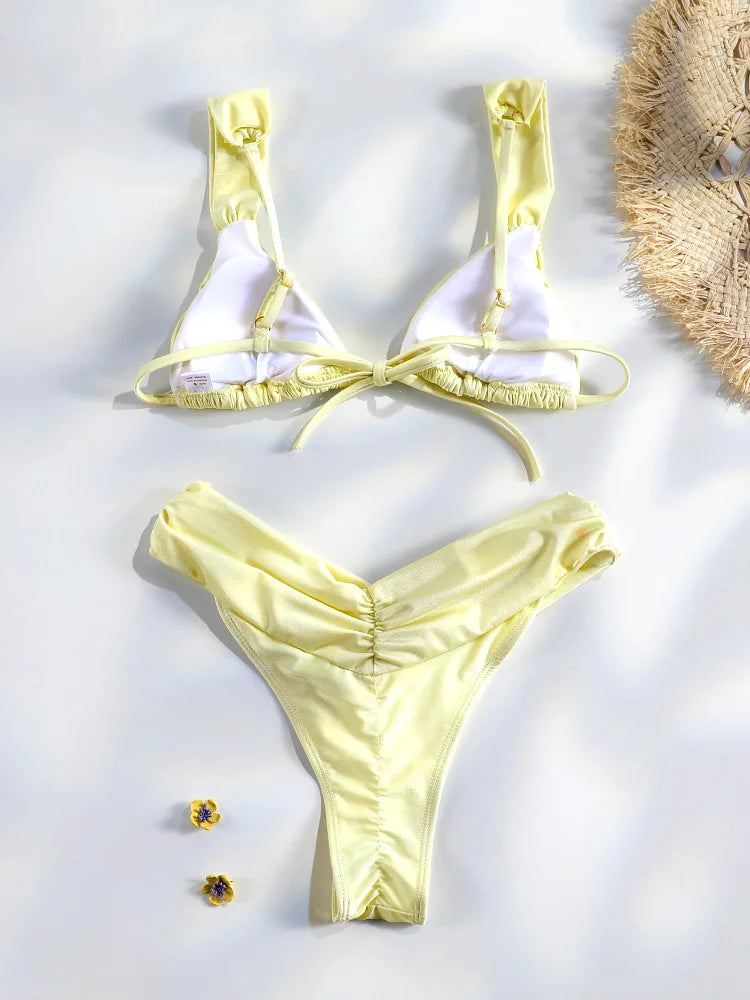 Sexy plis Bikini ensemble solide Micro Bikinis femmes maillot de bain femme Triangle maillots de bain vêtements de plage maillot de bain