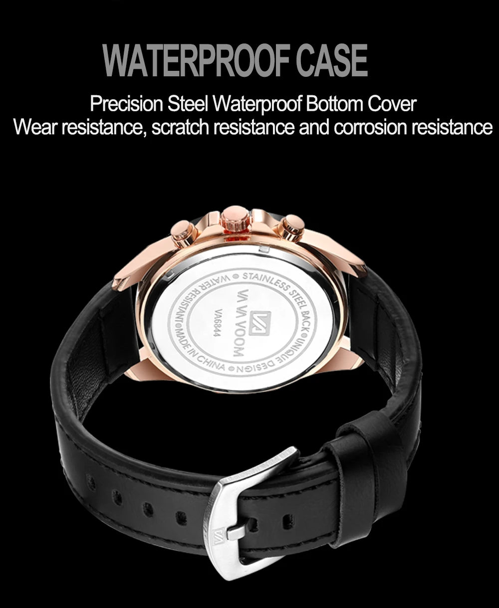 Montres de sport pour hommes, série de course de mode, 46mm, horloge en cuir noir VA VA VOOM, mouvement à Quartz 3Bar, montre-bracelet étanche pour hommes