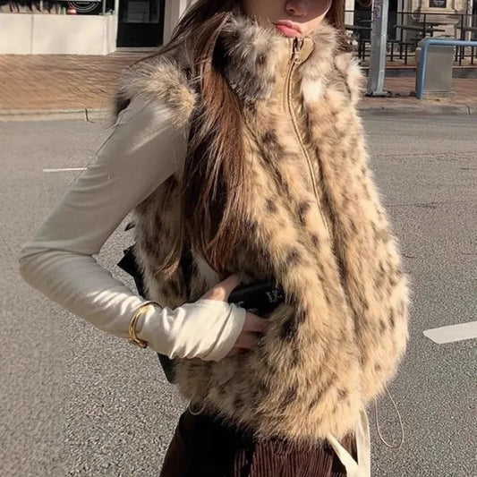 Chaleco de piel sintética con estampado de leopardo para mujer, a la moda, estilo urbano, versátil, para ir al trabajo, cuello alto suave, cómodo, invierno