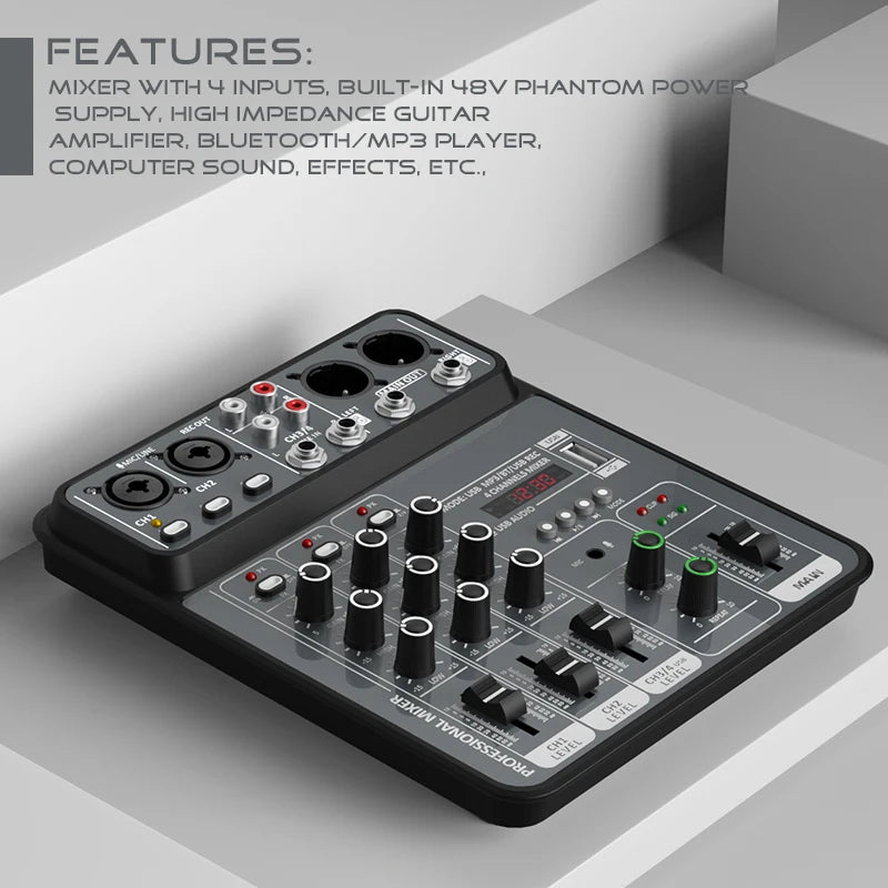 Mélangeur Audio DJ 4 Canaux USB Bluetooth — Console Mixage 48V Karaoké & Studio