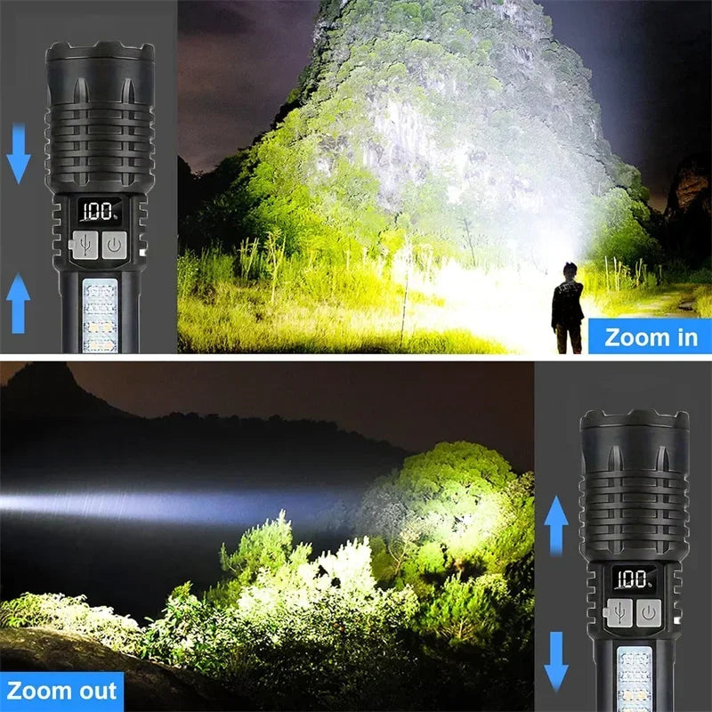 Lampe de poche LED haute puissance, torche étanche rechargeable de Type C avec lumière latérale COB, lampe d'extérieur Portable avec Zoom pour Camping et randonnée