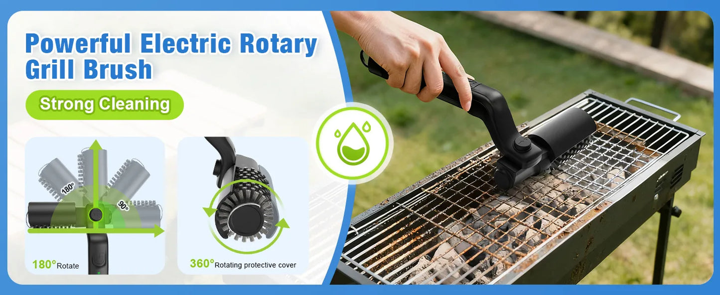 Brosse de nettoyage de barbecue rotative électrique sans fil en acier inoxydable, contrôle de puissance à 3 vitesses pour accessoires de barbecue d'extérieur