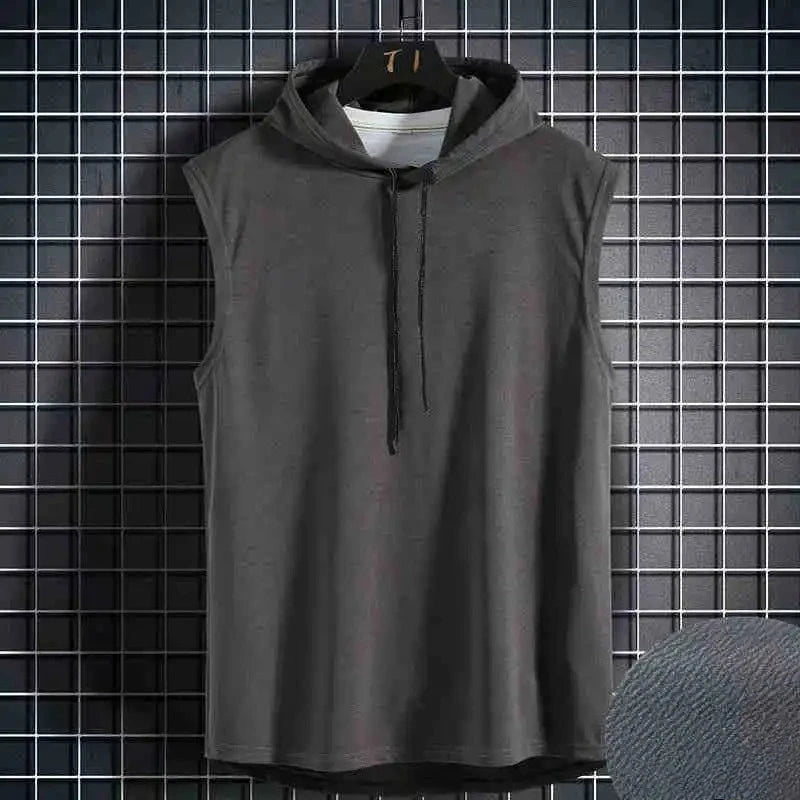 Hombres corbata cuello con capucha sin mangas chalecos masculino verano suelto sólido camiseta Hip Hop tops