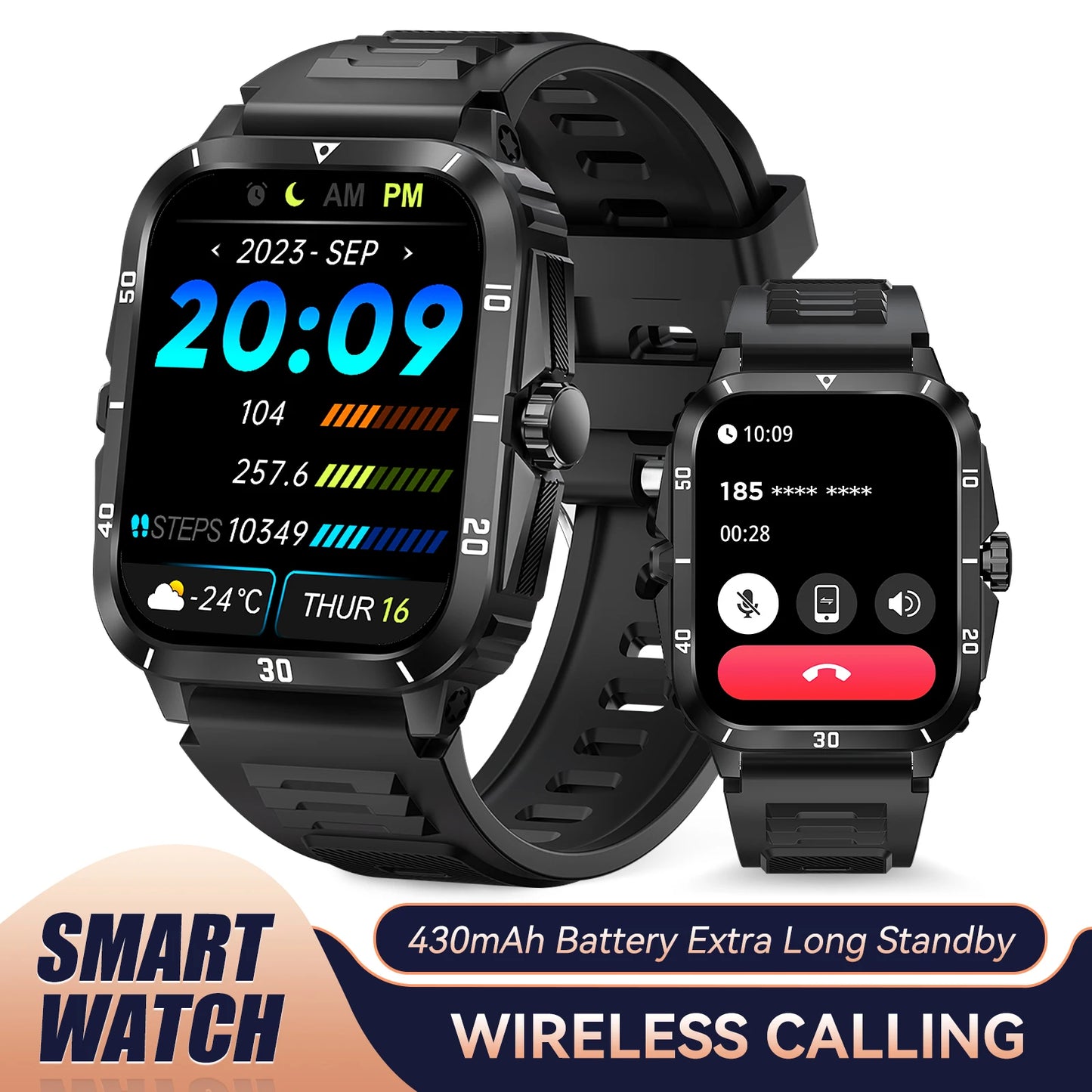 EIGIIS Smart Watch 3ATM Waterproof 1.96" IPS Military Screen KT71 Men's 100+ Sports Mode Heart Rate Blood Pressure Bluetooth Call