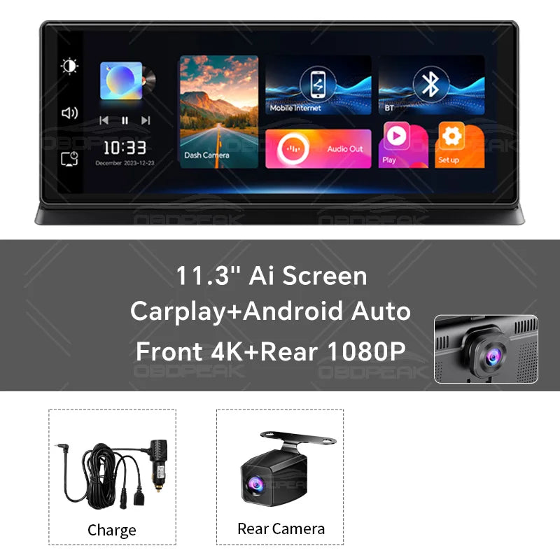 Cámara de salpicadero inalámbrica para coche, K2 Pro, DVR 4K, Carplay, Android Auto, pantalla AI, grabadora de vídeo Len para turistas, navegación GPS, salpicadero Prada, 11.3 pulgadas