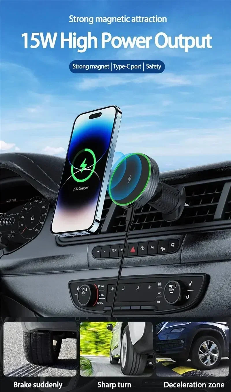 Chargeur de voiture magnétique sans fil — lumière LED, sortie d'air, support téléphone, charge rapide
