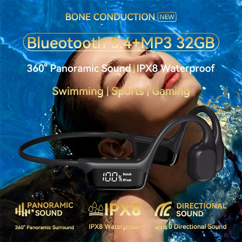 Bone Conduction Headphones Wireless Bluetooth 5.4 IPX8 Waterproof Rating, Suitable for Swimming, Sports, and Cycling Painless Headphones Support MP3 Player with 32GB Memory