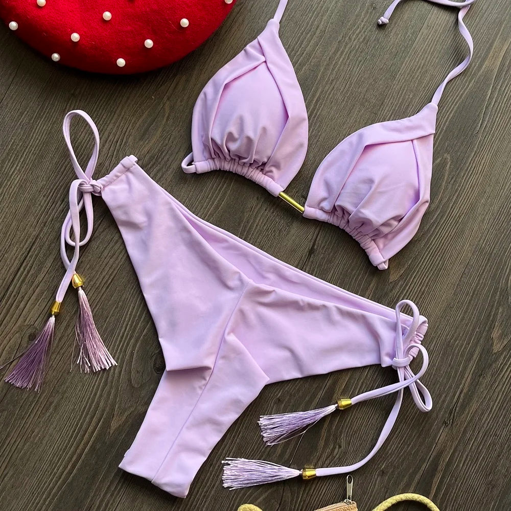 2025 nouveau Triangle Sexy maillot de bain pour femmes Bikinis brésiliens licou maillots de bain Push Up maillot de bain chaîne en métal plage Bikini ensemble