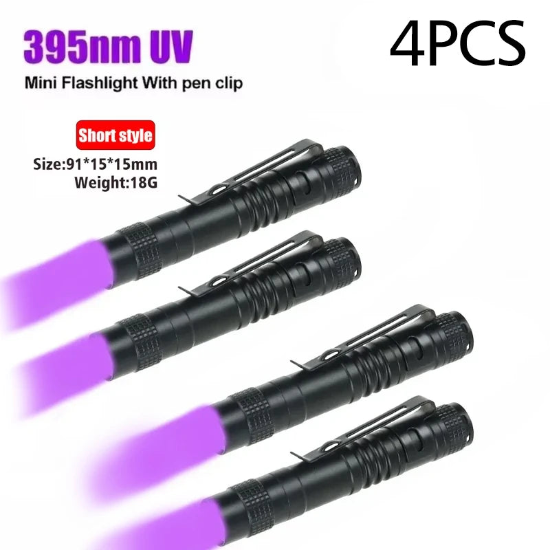 Linterna UV 395nm, antorcha ultravioleta con clip para bolígrafo, pilas AAA portátiles usadas, luz morada, detector de orina de mascotas y escorpiones, lámpara UV