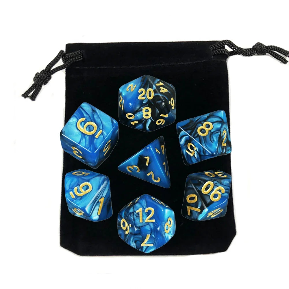 Dés polyédriques avec sac — jeu de société, jeu de rôle, d4, d6, d8, d10, d12, d20, 7 pièces