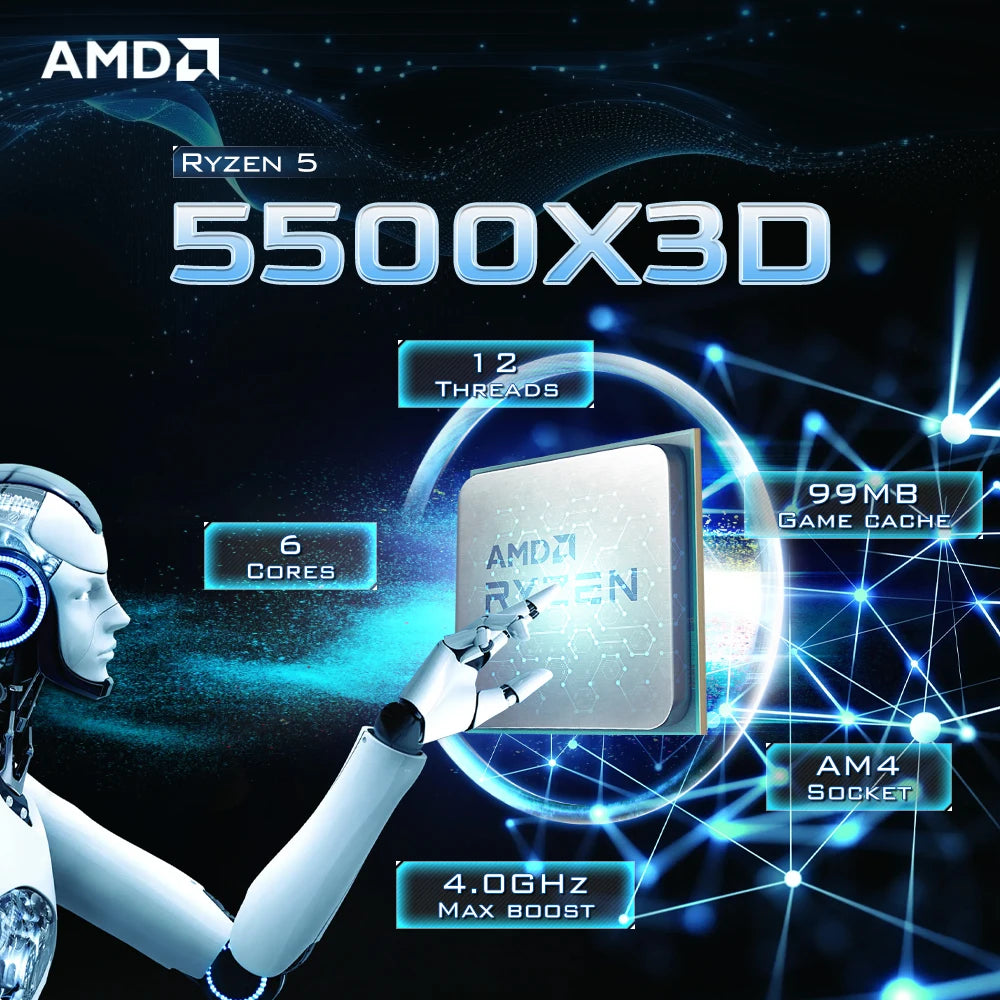 Processeur AMD Ryzen 5 5500X3D — 6 cœurs 12 threads, 3 GHz, AM4, L3 96 Mo, 7nm