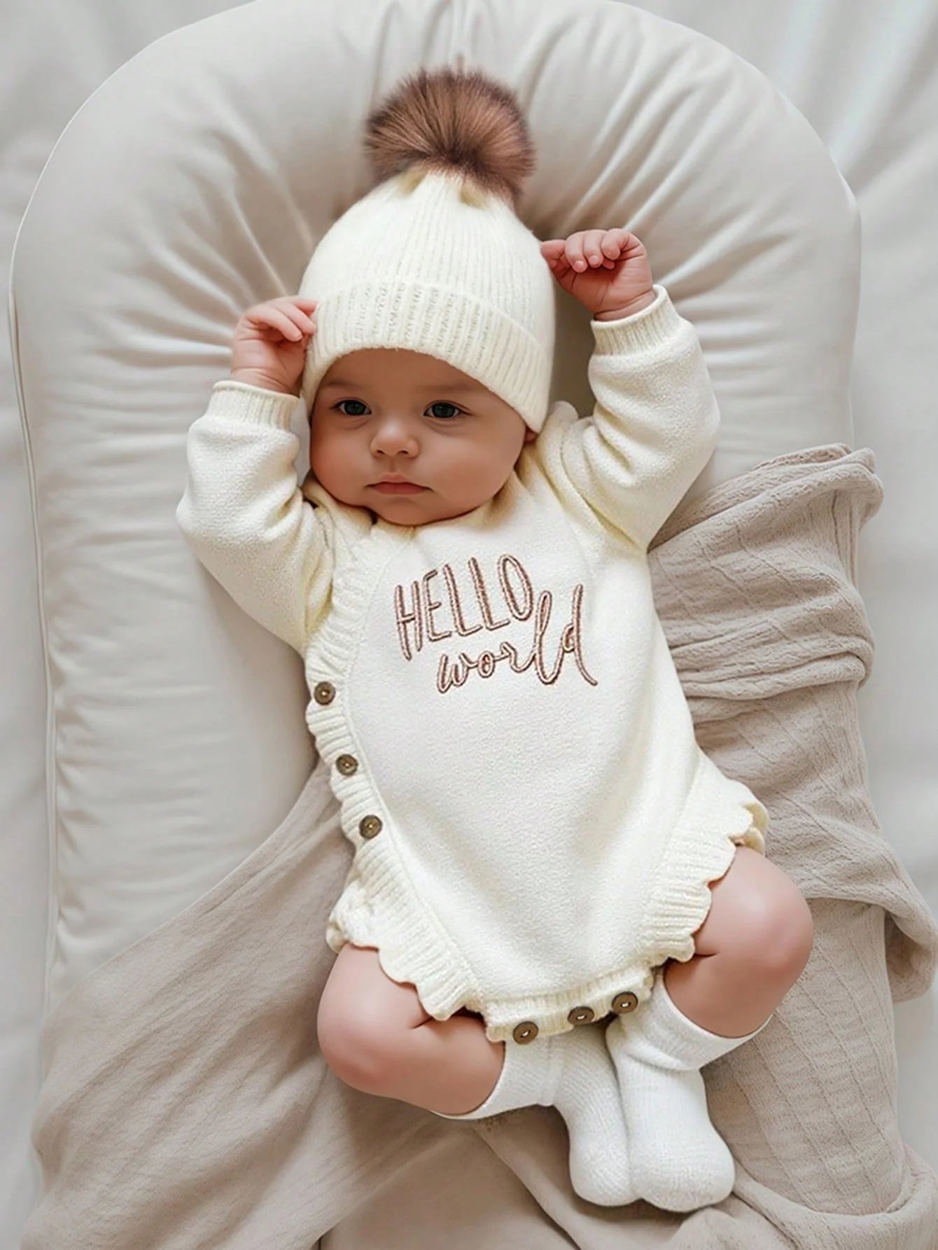 Ylsteed Hello World mameluco de punto para recién nacido con gorro de pompón a juego, ropa de bebé para sesión de fotos, niño o niña, fotografía HD