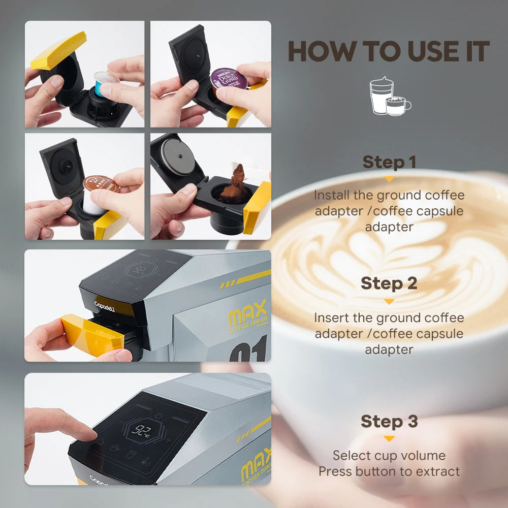 4-in-1 espresso machine compatible with K Cup pods, Nes Original, DG Capsules, and ground coffee