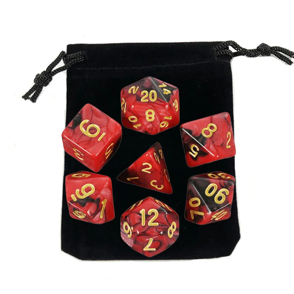 Dés polyédriques avec sac — jeu de société, jeu de rôle, d4, d6, d8, d10, d12, d20, 7 pièces