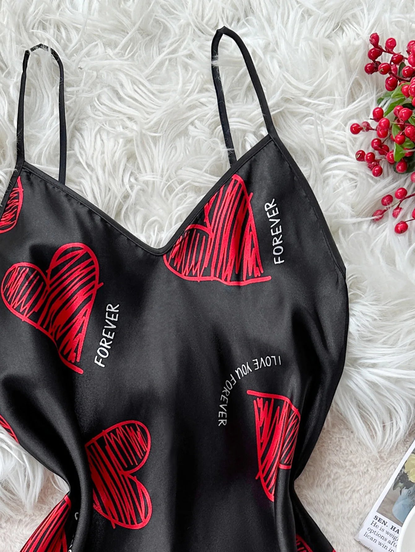 Valentine's Day Red Lips Print Satin Nightgown, V-Neck Backless Mini Night Dress, Women's Sleepwear